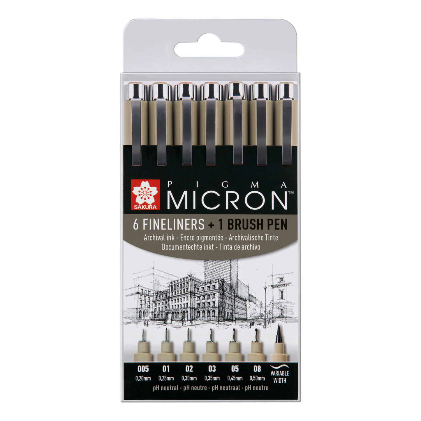 Fineliner PIGMA MICRON + Pinselstift - schwarz - 6 + 1 Etui