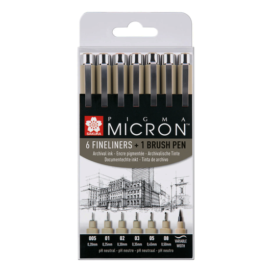 Fineliner PIGMA MICRON + Pinselstift - schwarz - 6 + 1 Etui