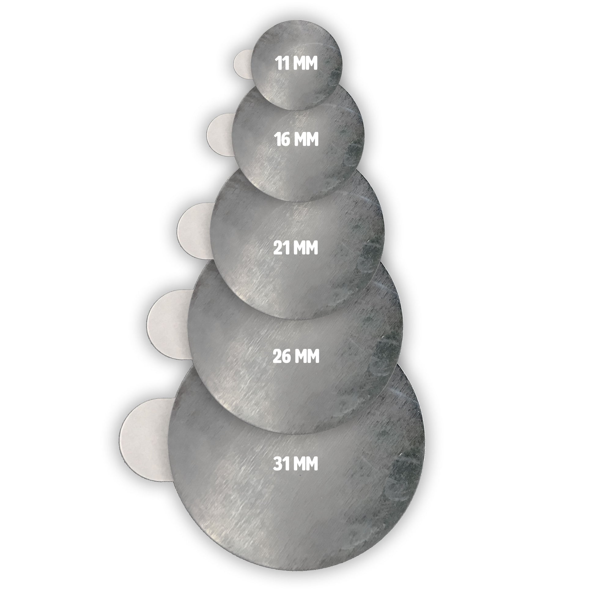 100 Stück - Selbstklebende Metallplättchen - Ø 11 - 31 mm - H: 0,3